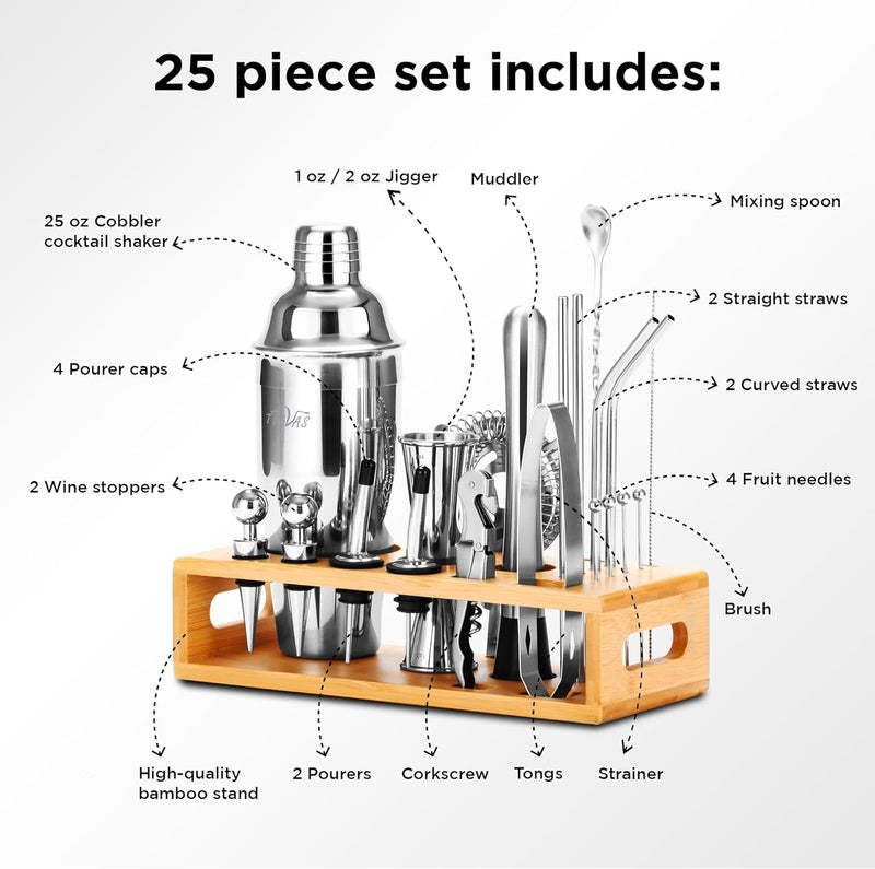 TEAVAS Mixology Bartender Kit with Japanese Jigger & Stand - 25 Piece Stainless Steel Cocktail Making Set with Shaker, Strainer, Mixer, Spoon, Muddler -Barware Accessories for Home Bars & Bartending