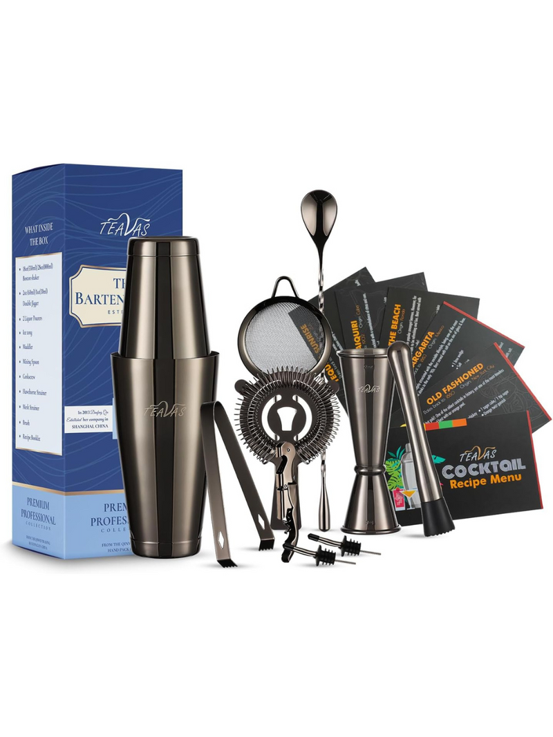 TEAVAS Mixology Bartender Kit with Japanese Jiggler & Stand - 12 Piece + (With Stand / Without Stand) Stainless Steel Cocktail Making Set with Shaker, Strainer, Mixer, Spoon, Muddler -Barware Accessories for Home Bars & Bartending