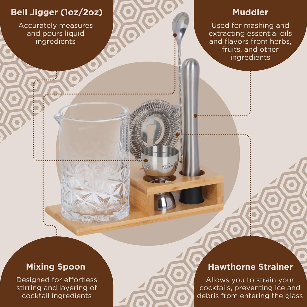 TEAVAS Cocktail Mixing Glass Set with Jigger, Muddler, Spoon, Hawthorne Strainer & Bamboo Stand - Mixology Pitcher for Stirrer Cocktails - Valentines Day for Bartenders & Home Bars