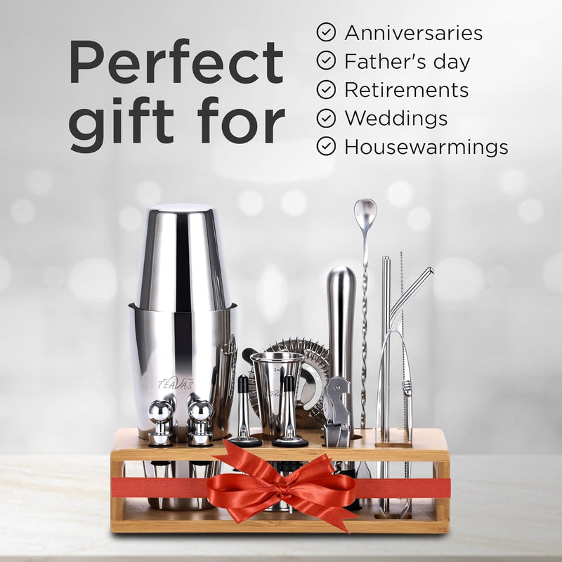 TEAVAS Mixology Bartender Kit with Japanese Jiggler & Stand - 25 Piece Stainless Steel Cocktail Making Set - Shaker, Strainer, Mixer, Spoon, Muddler - Valentines Day Gifts for Home Bars & Bartending