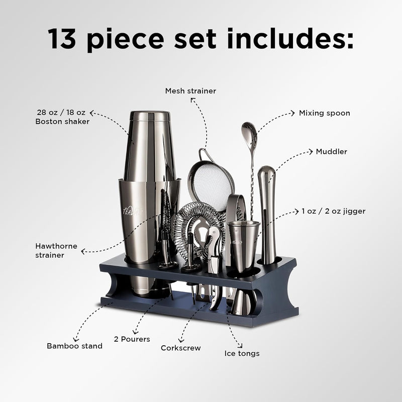 TEAVAS Mixology Bartender Kit with Japanese Jiggler & Stand - 12 Piece + (With Stand / Without Stand) Stainless Steel Cocktail Making Set with Shaker, Strainer, Mixer, Spoon, Muddler -Barware Accessories for Home Bars & Bartending