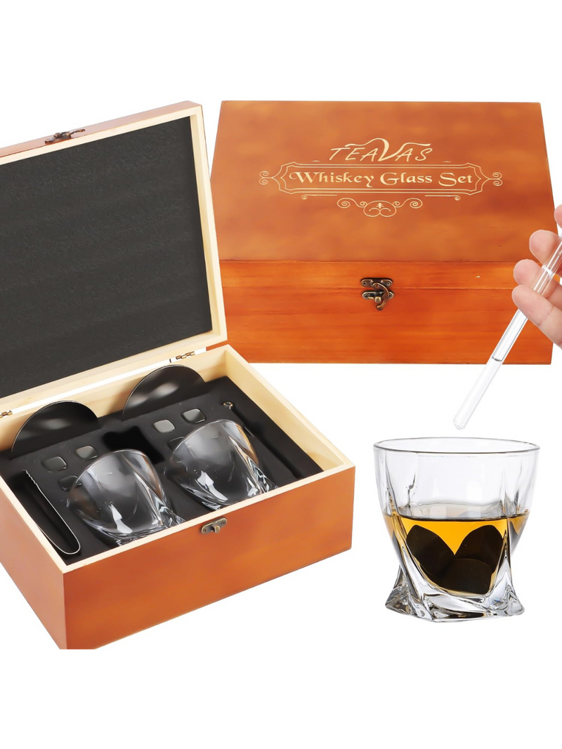 TEAVAS Whiskey Glass Gift Set with Drinking Glasses, Whiskey Chilling Stones, Coasters & Ice Tongs - Bar Glasses for Scotch & Bourbon - Drinking Gifts for Valentines Day, Birthday, Father’s Day