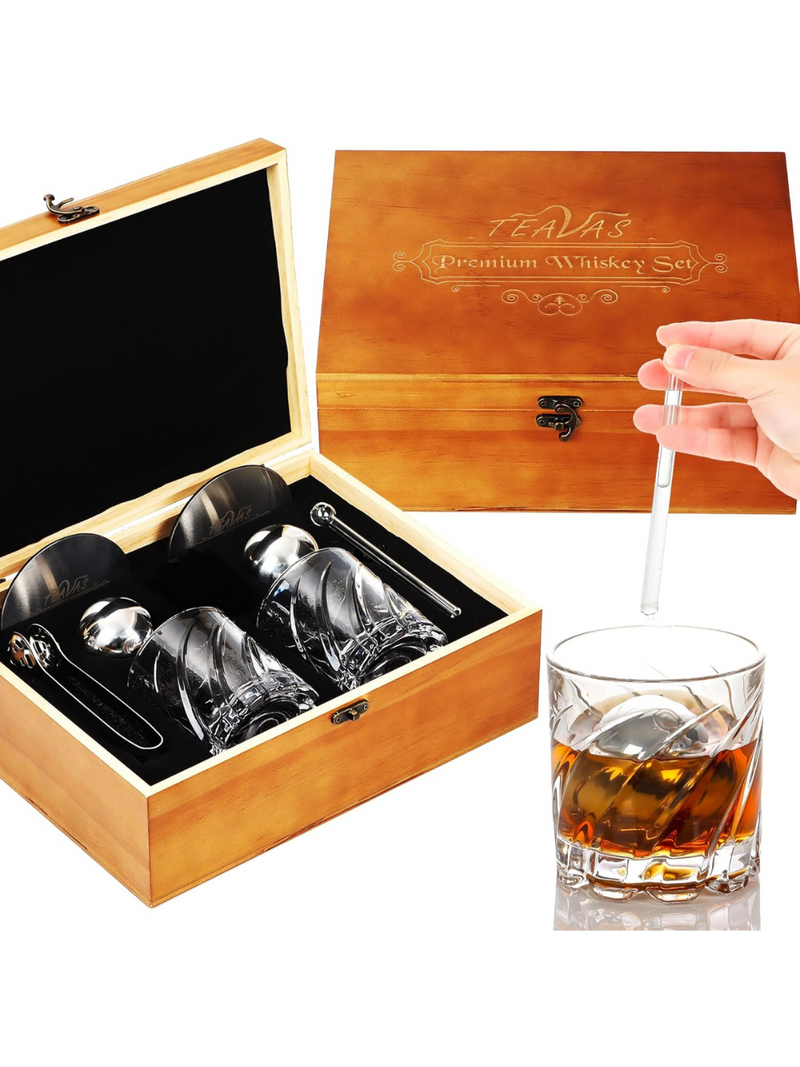 TEAVAS Whiskey Glass Gift Set with Drinking Glasses, Whiskey Chilling Stones, Coasters & Ice Tongs - Bar Glasses for Scotch & Bourbon - Drinking Gifts for Valentines Day, Birthday, Father’s Day